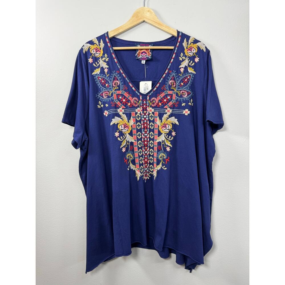 Johnny Was Salome Drape Top V-Neck Navy Multicolor Embroidered Size 2X NWT